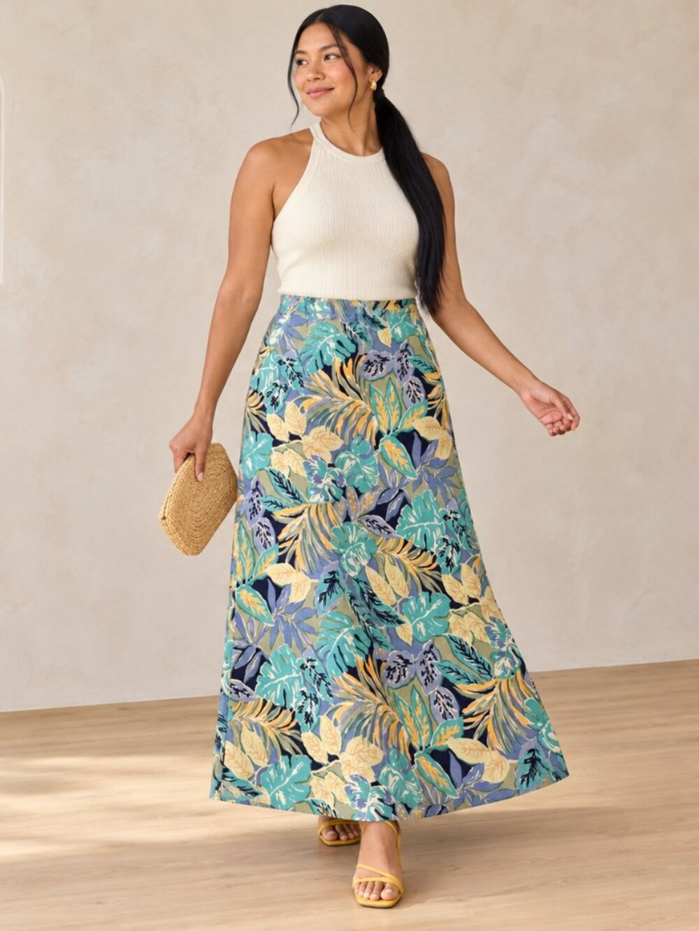 Talbots Tropical Leaf Linen Blend VTG Maxi Skirt in Teal Yellow Size 6